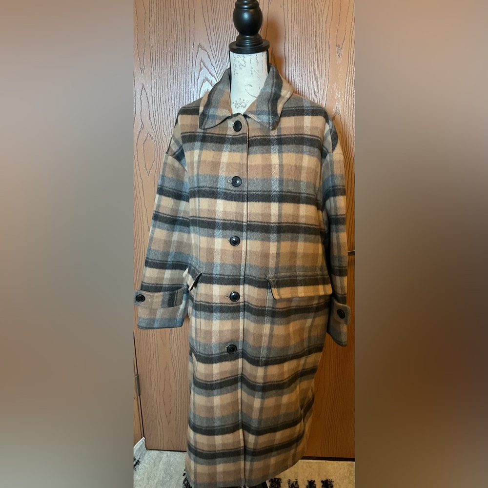Oversized plaid Italian wool melton coat.